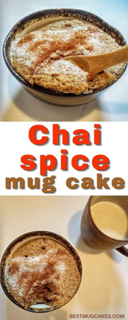 I love the cozy flavors of chai tea and chai lattes! This easy chai spice mug cake has all those yummy fall flavors of cinnamon, ginger, cardamom, and cloves. This is an easy mug cake recipe and only takes 2 minutes in the microwave! It’s such a delicious single serving dessert or snack – you have to try it! It’s an eggless and vegan chai cake too!
