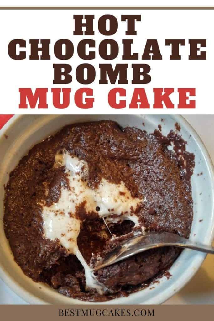 Just like hot chocolate bombs themselves, this hot chocolate bomb mug cake has a center filled with hot chocolate fixins. Rich dark chocolate chips and gooey marshmallows melt in the microwave while the chocolate cake cooks. Dig your fork into the mug cake and it’s ooey gooey hot chocolate heaven. This single serving chocolate dessert recipe is my new favorite!!