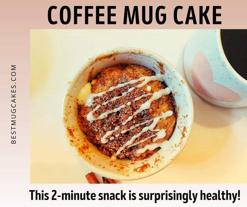 Coffee mug cake with cinnamon crumble topping and icing sugar drizzle