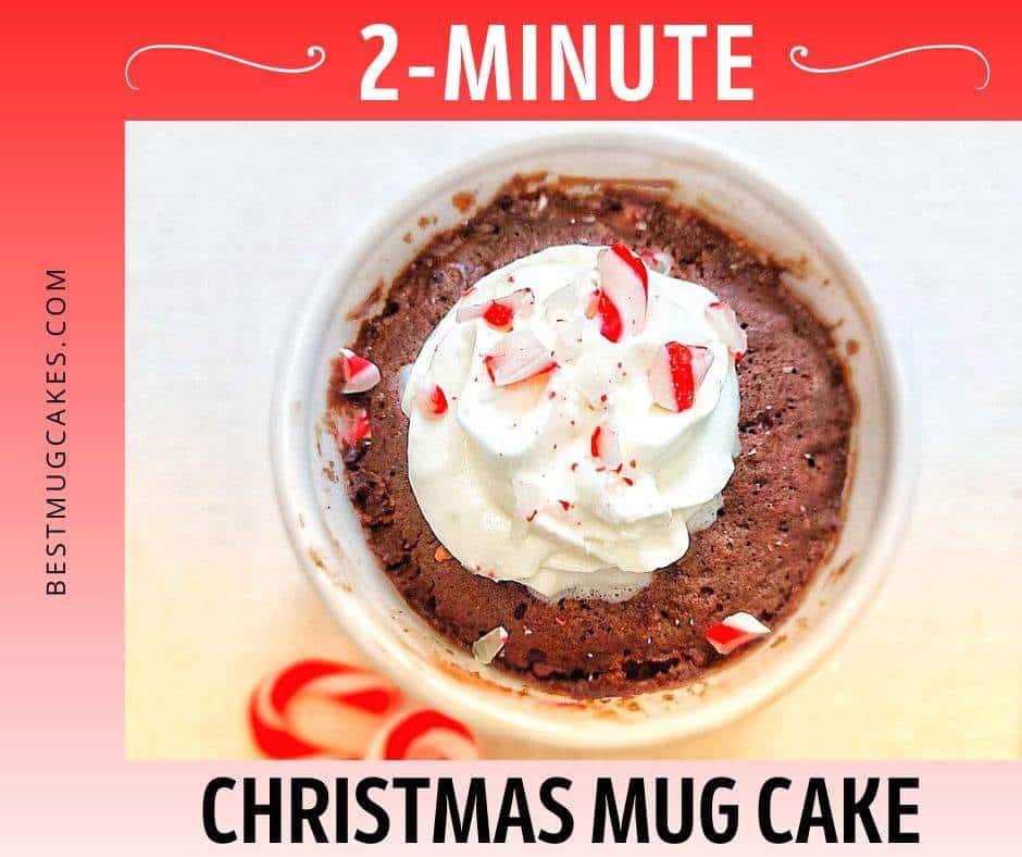Chocolate Christmas mug cake topped with whipped cream and crushed candy canes