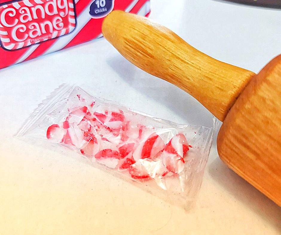 Christmas mug cake ingredients - crush candy canes with a rolling pin