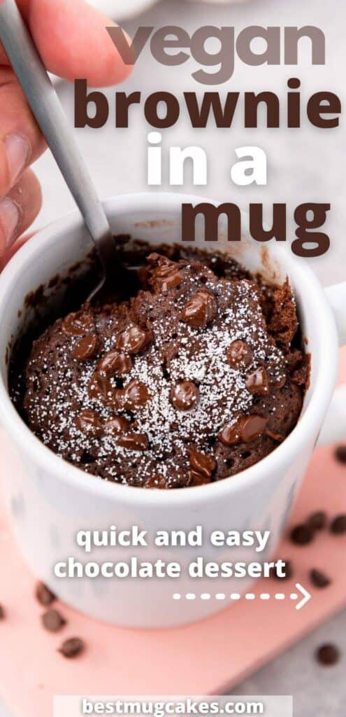 Vegan brownie in a mug: quick and easy chocolate dessert (woman taking a spoonful of the vegan mug brownie)