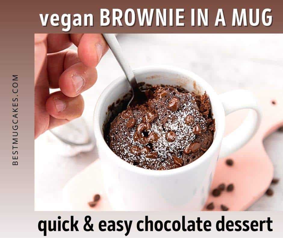 Vegan brownie in a mug: quick and easy chocolate dessert (woman taking a spoonful of vegan mug brownie)