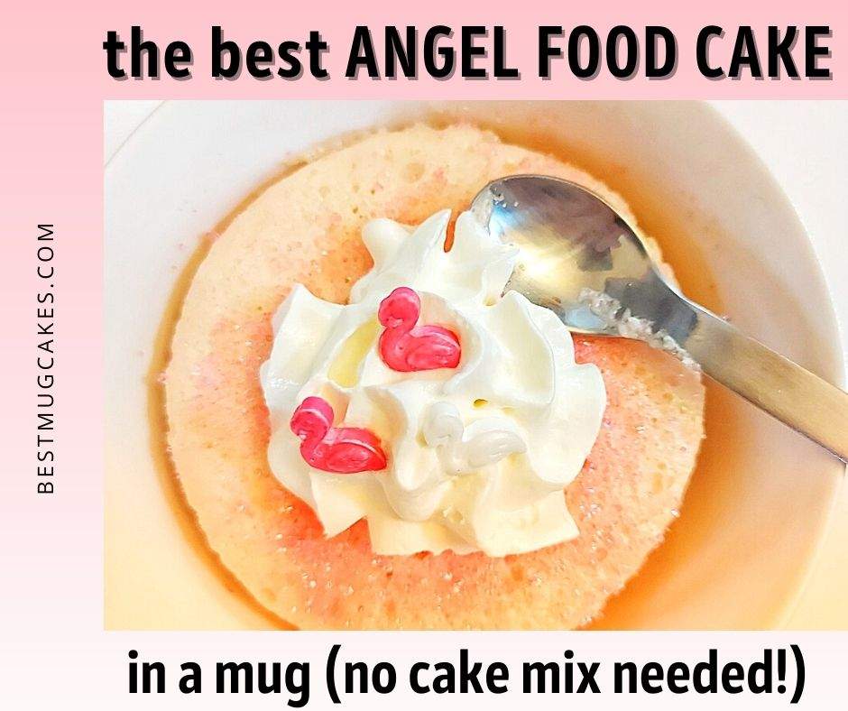 The best angel food cake in a mug (no cake mix needed!) - angel food mug cake with whipped cream, sprinkles, and a spoon