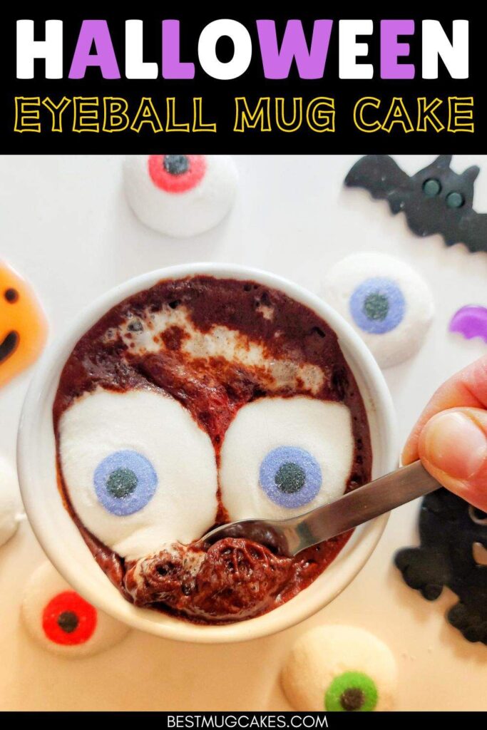 A super fun 2-minute Halloween mug cake! This festive marshmallow mug cake is made with chocolate and marshmallow eyeballs - what could be tastier? Make this Halloween treat for your kids, a Halloween dessert for yourself, or for a fun snack for a Halloween party. Gluten-free and vegan options too!