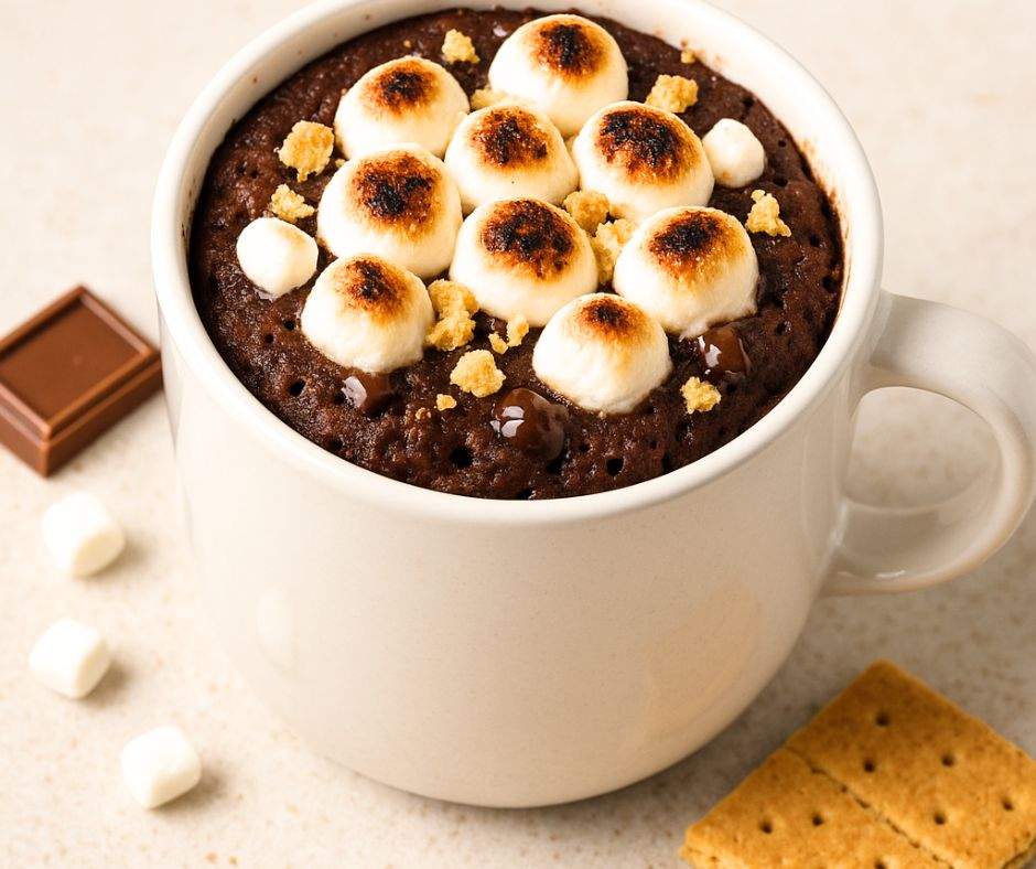 The ultimate gooey S’mores Mug Cake — rich chocolate cake baked in a mug, topped with golden marshmallows, melty chocolate, and graham cracker crumbs. A quick and easy microwave dessert that tastes just like campfire s’mores, perfect for late-night cravings, summer treats, or cozy family nights.