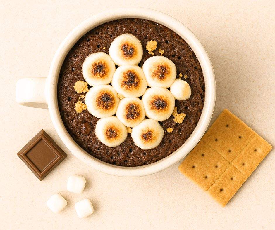 The ultimate gooey S’mores Mug Cake — rich chocolate cake baked in a mug, topped with golden marshmallows, melty chocolate, and graham cracker crumbs. A quick and easy microwave dessert that tastes just like campfire s’mores, perfect for late-night cravings, summer treats, or cozy family nights.