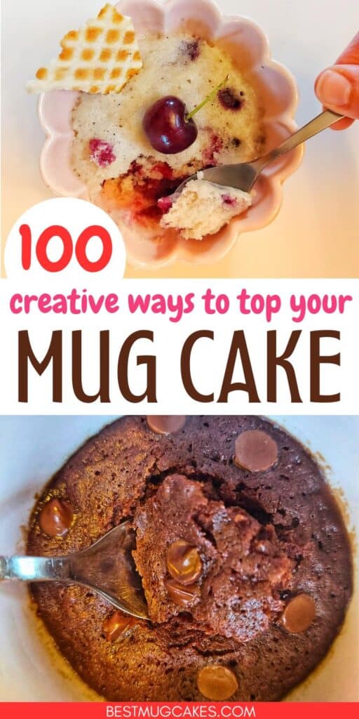 Looking for the best mug cake topping ideas? This ultimate list of 100 easy mug cake topping ideas will help you take your mug cake to the next level! Whether you're making a rich chocolate mug cake, a classic vanilla mug cake, or your favorite microwave dessert, you'll find plenty of delicious inspiration. From whipped cream, fresh fruit, sprinkles, and cookie crumbles to caramel sauce, candy, nuts, and ice cream, these easy dessert ideas make every single-serving dessert feel extra special. Save this list for the next time you're craving a quick, cozy treat!
