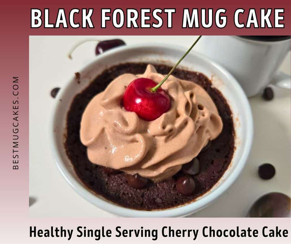 This Black Forest Mug Cake is rich, chocolatey, and packed with juicy fresh cherries and melty dark chocolate chips for an easy single-serving dessert. Made with almond flour, cocoa powder, and no eggs, this easy microwave mug cake is lightly sweetened with a fudgy texture that's perfect for chocolate lovers looking for a healthier dessert, gluten-friendly treat, or quick homemade mug cake recipe in minutes.