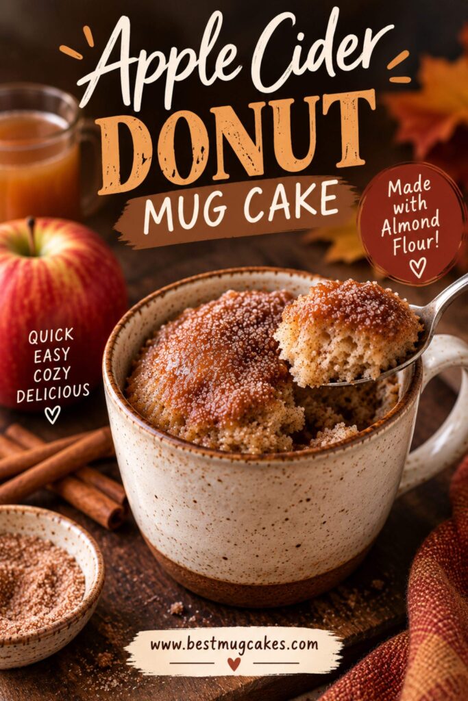This cozy Apple Cider Donut Mug Cake tastes like your favorite fall donut in an easy single-serving dessert! Made with almond flour, apple cider, cinnamon and nutmeg, then finished with a buttery cinnamon-sugar topping, it’s warm, fluffy and full of fall flavor. Best of all, this easy microwave mug cake is ready in just minutes. No oven or trip to the apple orchard required. Save this quick gluten-free fall dessert for when an apple cider donut craving hits!